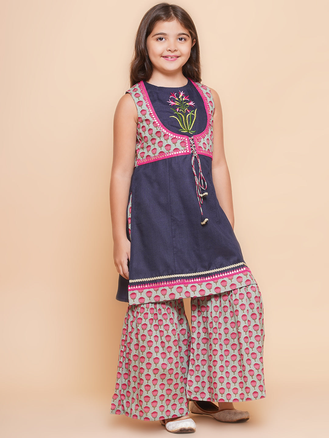 Bitiya by Bhama Girls Navy Blue Embroidered Jacket Style kurta with Sharara