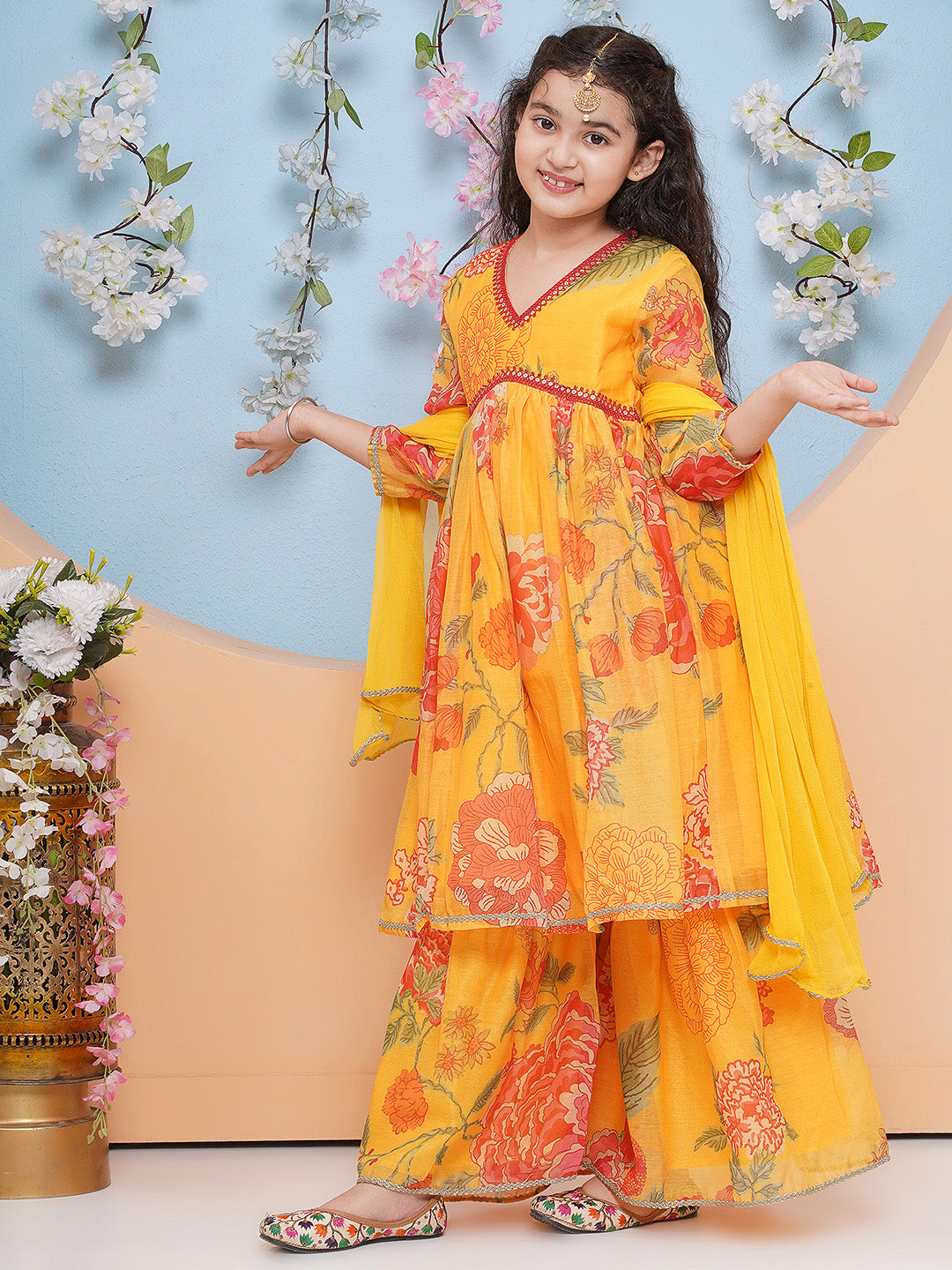 Bitiya by Bhama Girls Yellow Floral Printed Alia Design Kurta With Sharara With dupatta