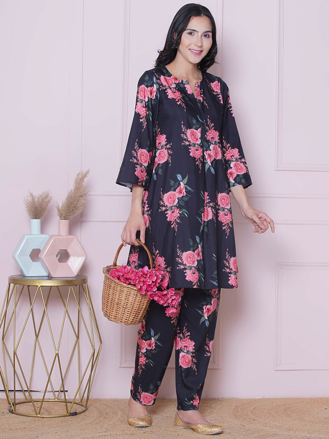 Floral Printed Notch Neck A-Line Kurta With Palazzos