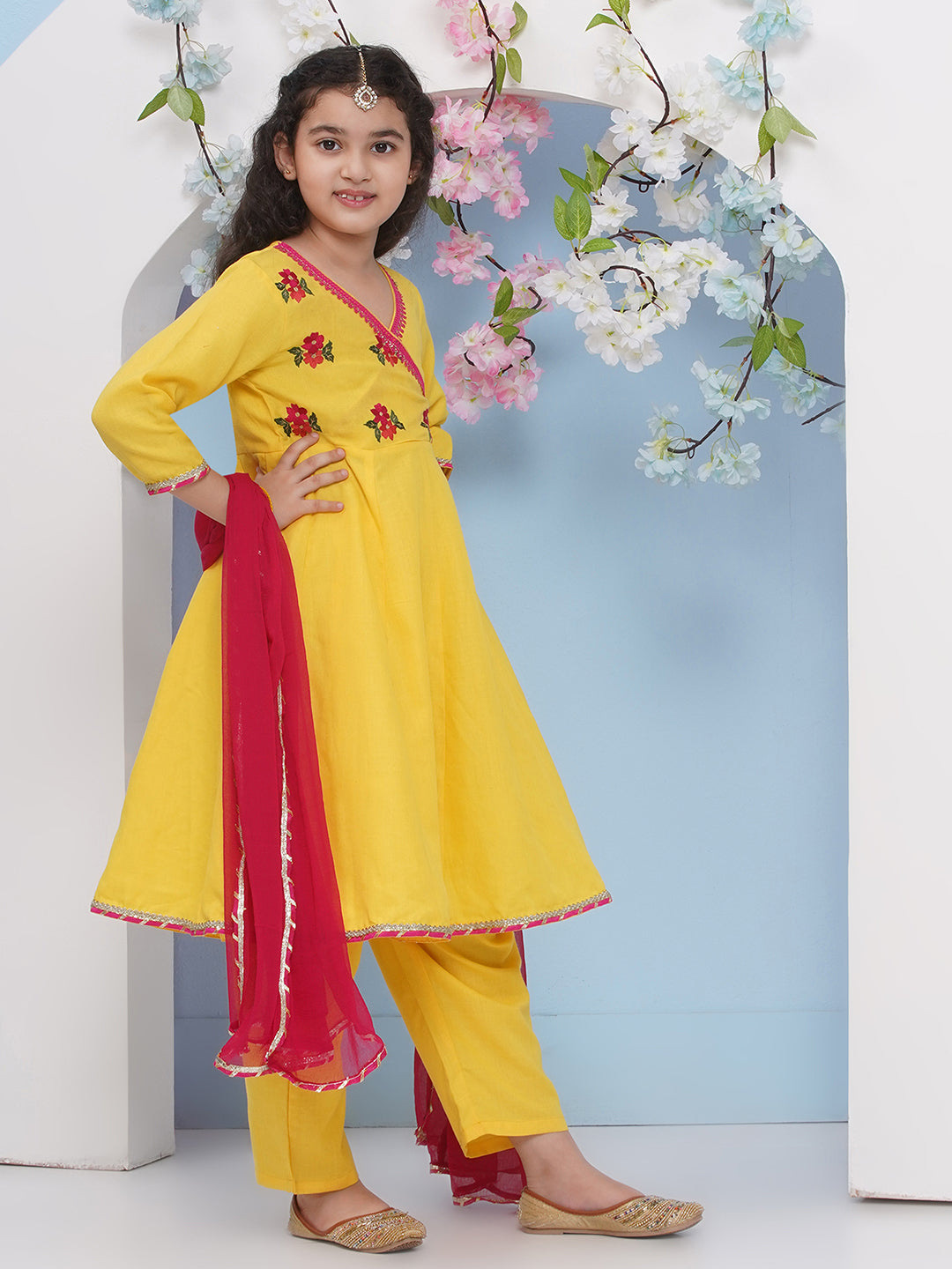 Bitiya by Bhama Girls Yellow Embroidered Angrakha Kurta with Trousers with dupatta