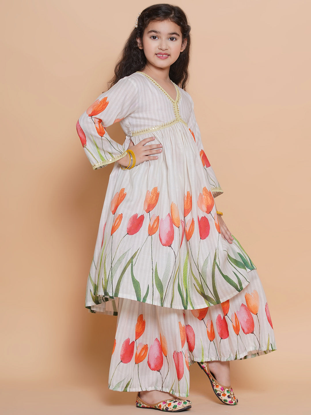 Girls Printed Empire Gotta Patti Pure Cotton Anarkali Kurta With Sharara