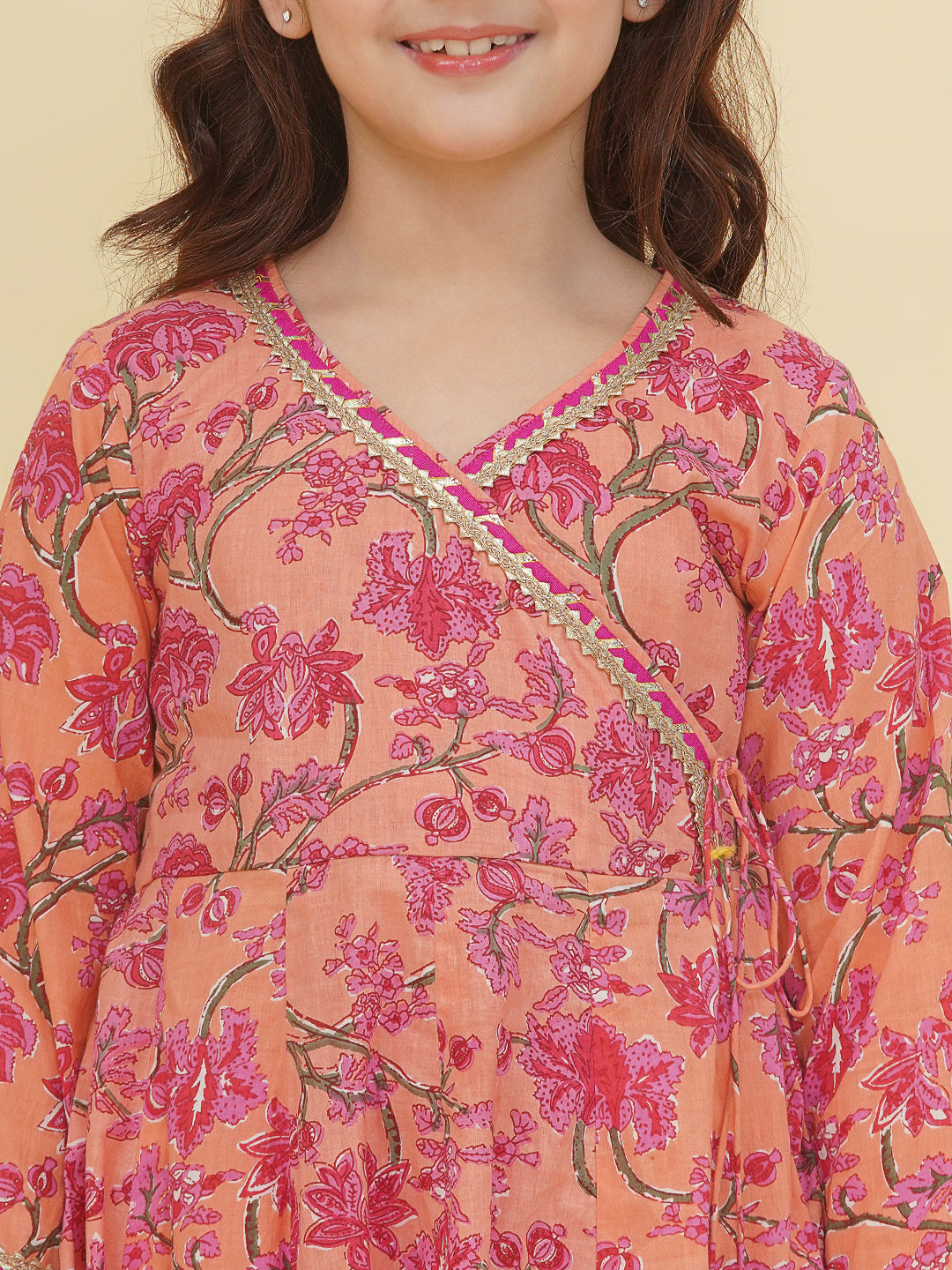 Bitiya by Bhama Girls Peach Floral Printed Angrakha Kurta with Sharara