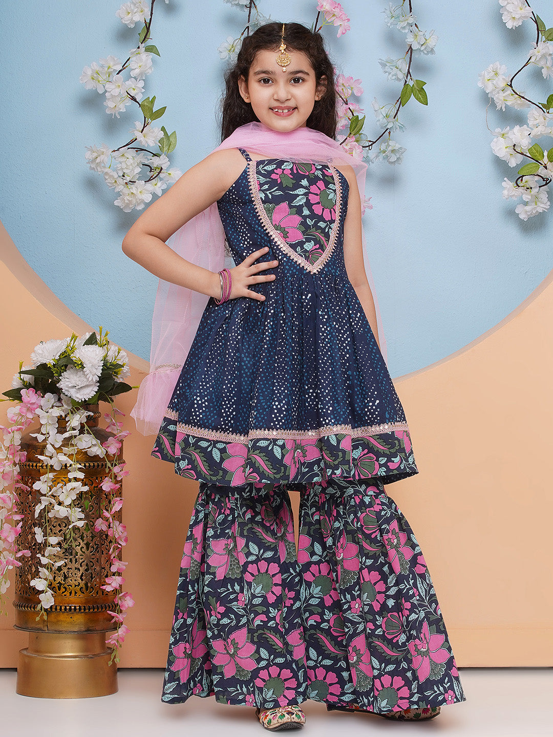 Girls Printed Empire Pure Cotton A-Line Kurta With Sharara & Dupatta