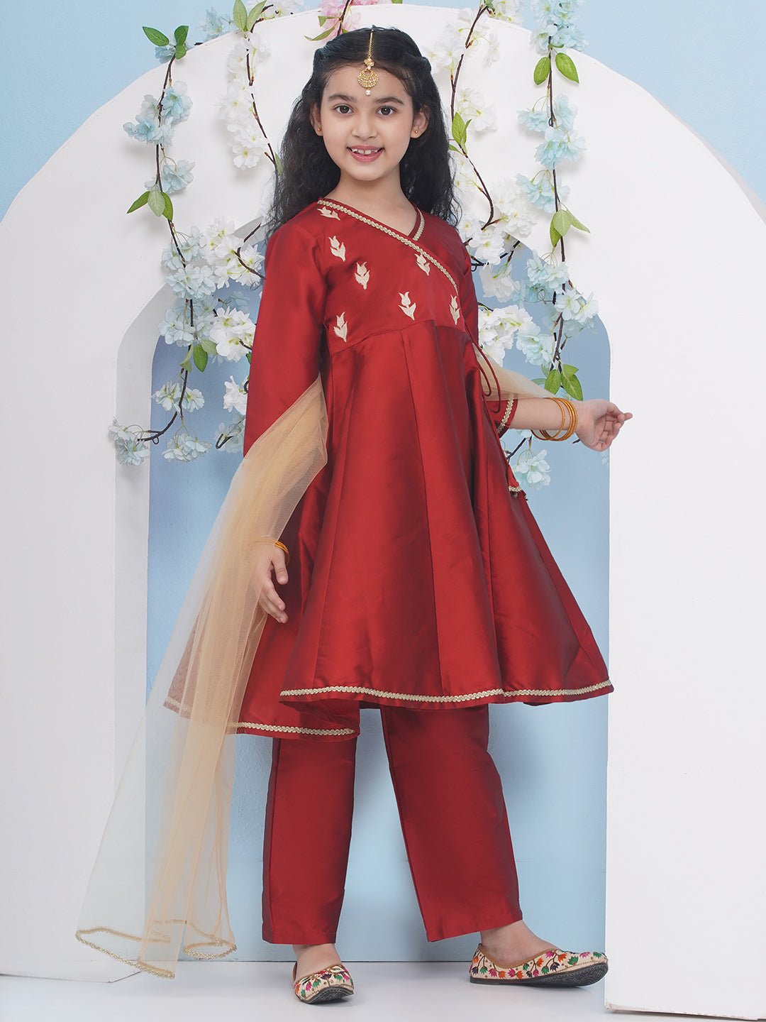 Bitiya by Bhama Girls Maroon Embroidered Angrakha Kurta with Trousers with dupatta