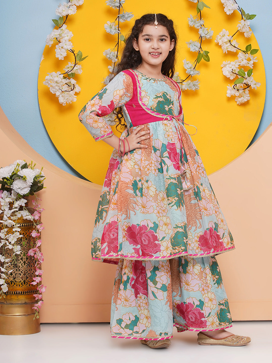 Bitiya by Bhama Girls Sea Green Multi Printed Jacket Style kurta with Sharara With dupatta
