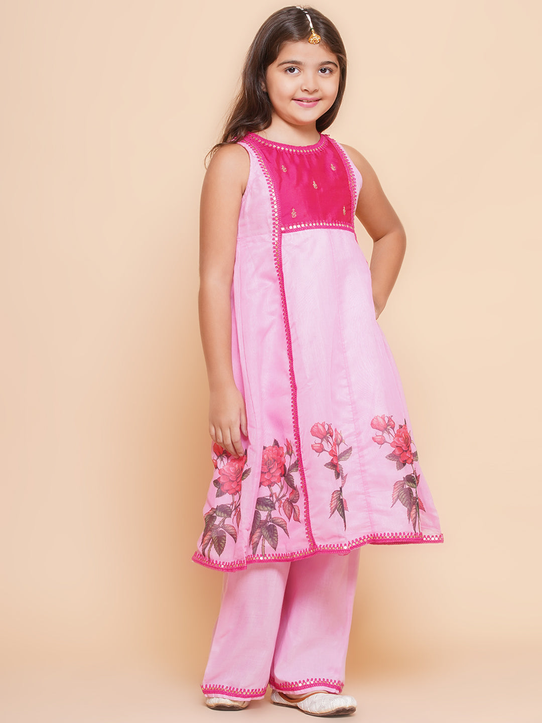 Bitiya by Bhama Girls Pink Floral  Printed Kurta with Palzzzo