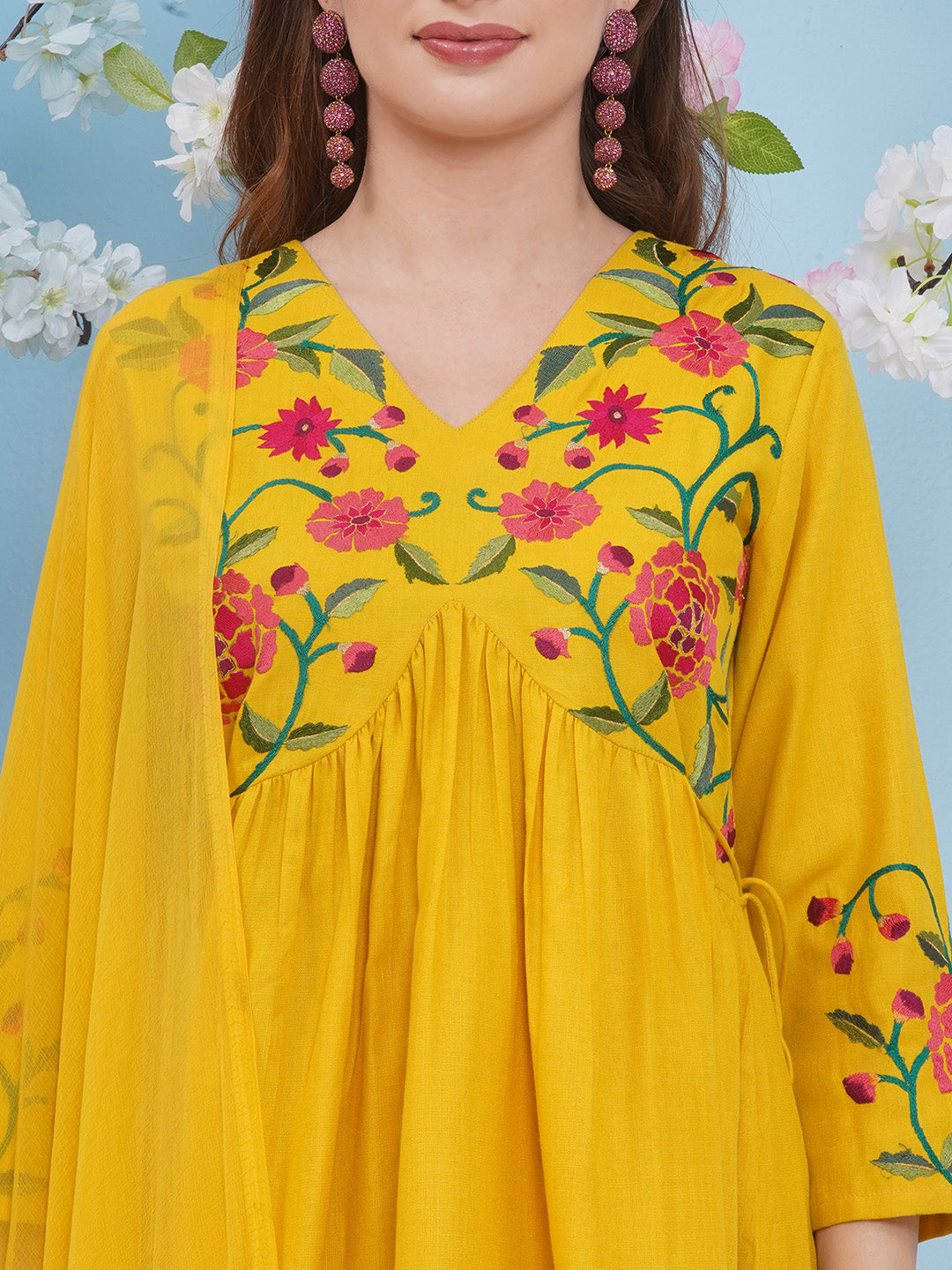 Floral Embroidered Anarkali Kurta With Palazzos & Dupatta