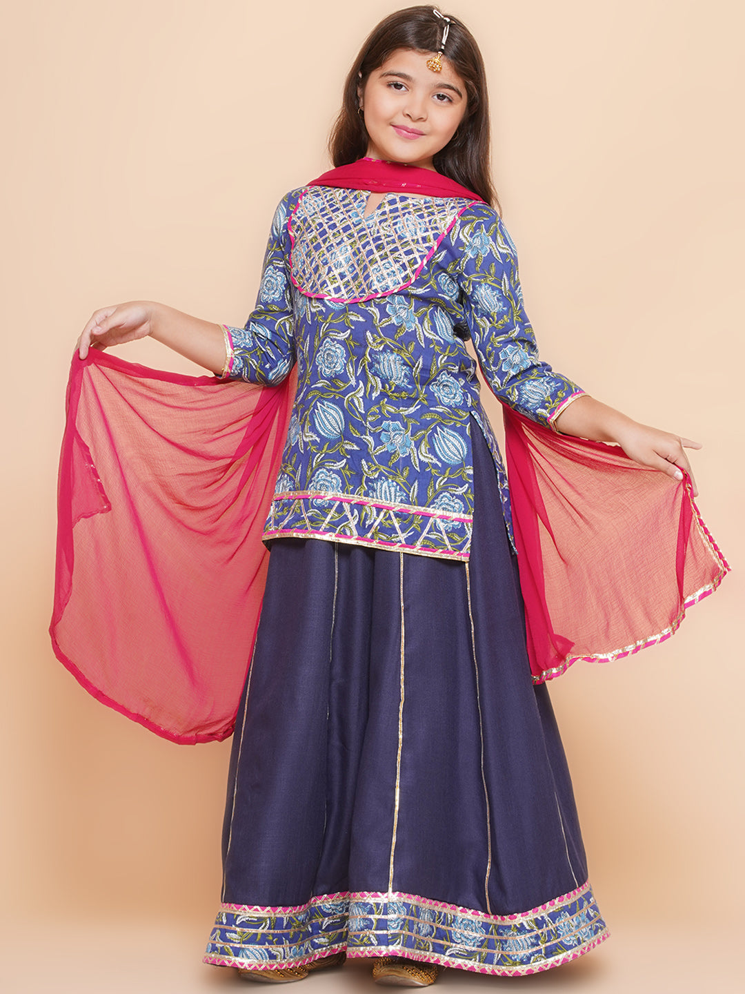 Girls Navy Blue & Blue Lace work kurti Ready to wear Lehenga with Pink Dupatta