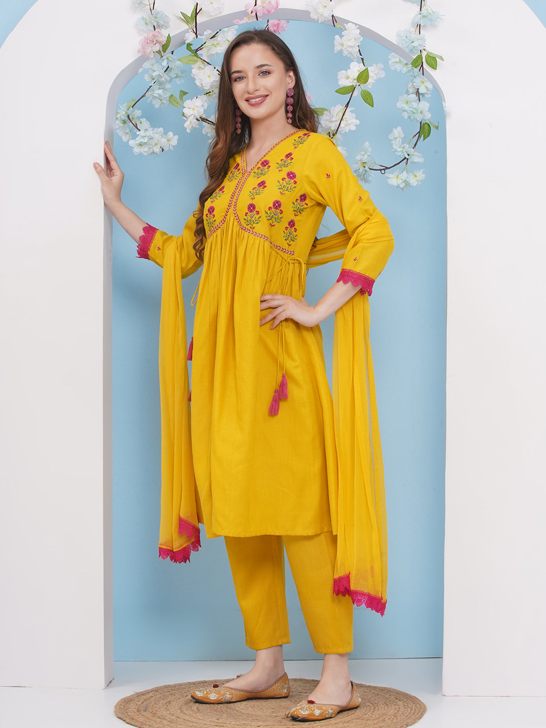 Floral Embroidered Anarkali Kurta With Palazzos & Dupatta