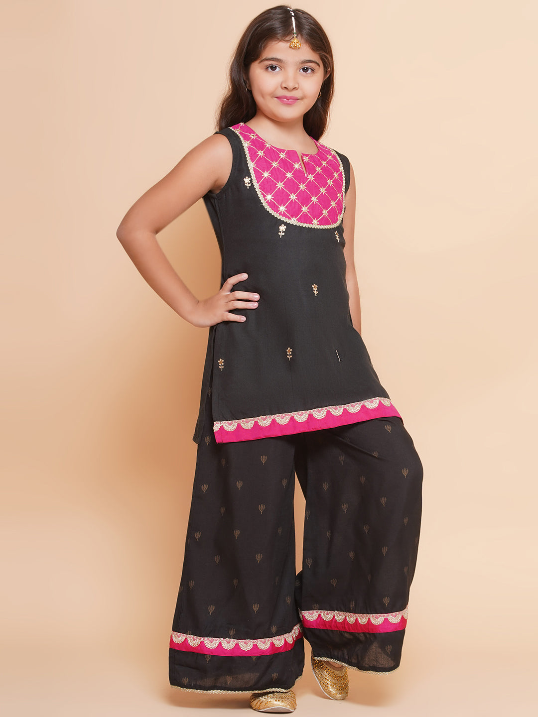 Bitiya by Bhama Girls Black Cotton Embroidered Kurta with Palazzos set & Dupatta