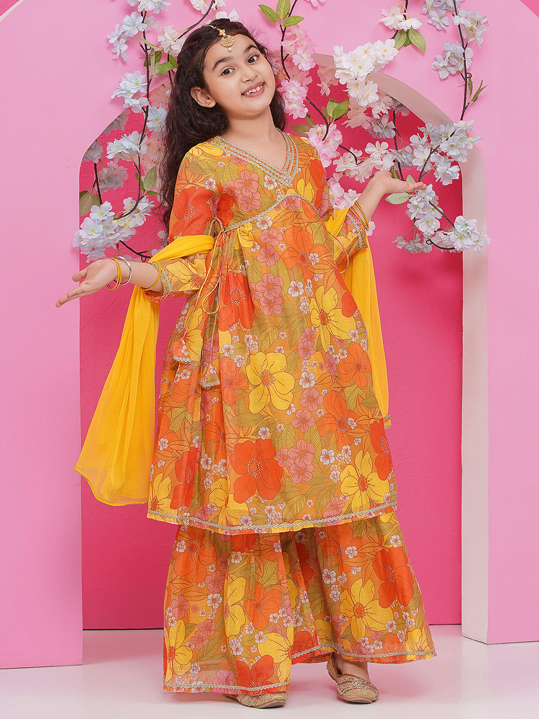 Bitiya by Bhama Girls Yellow Floral Printed Alia Design Kurta With Sharara With dupatta