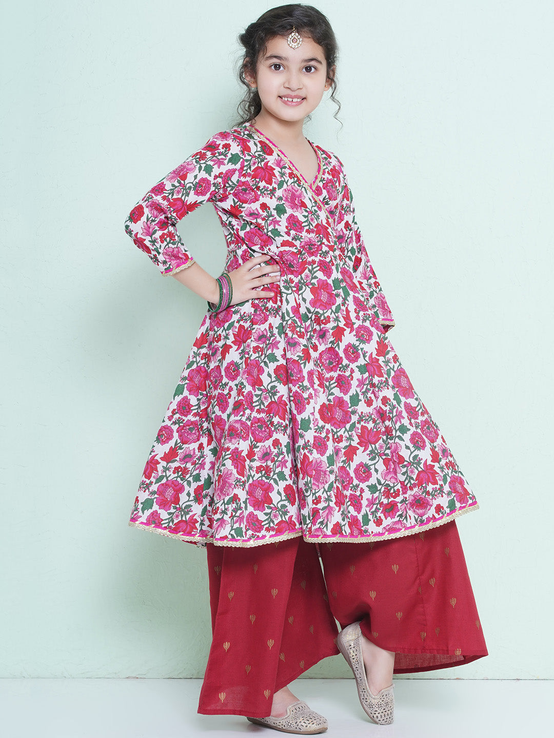 Girls Printed Angrakha Pure Cotton Anarkali Kurta With Palazzos