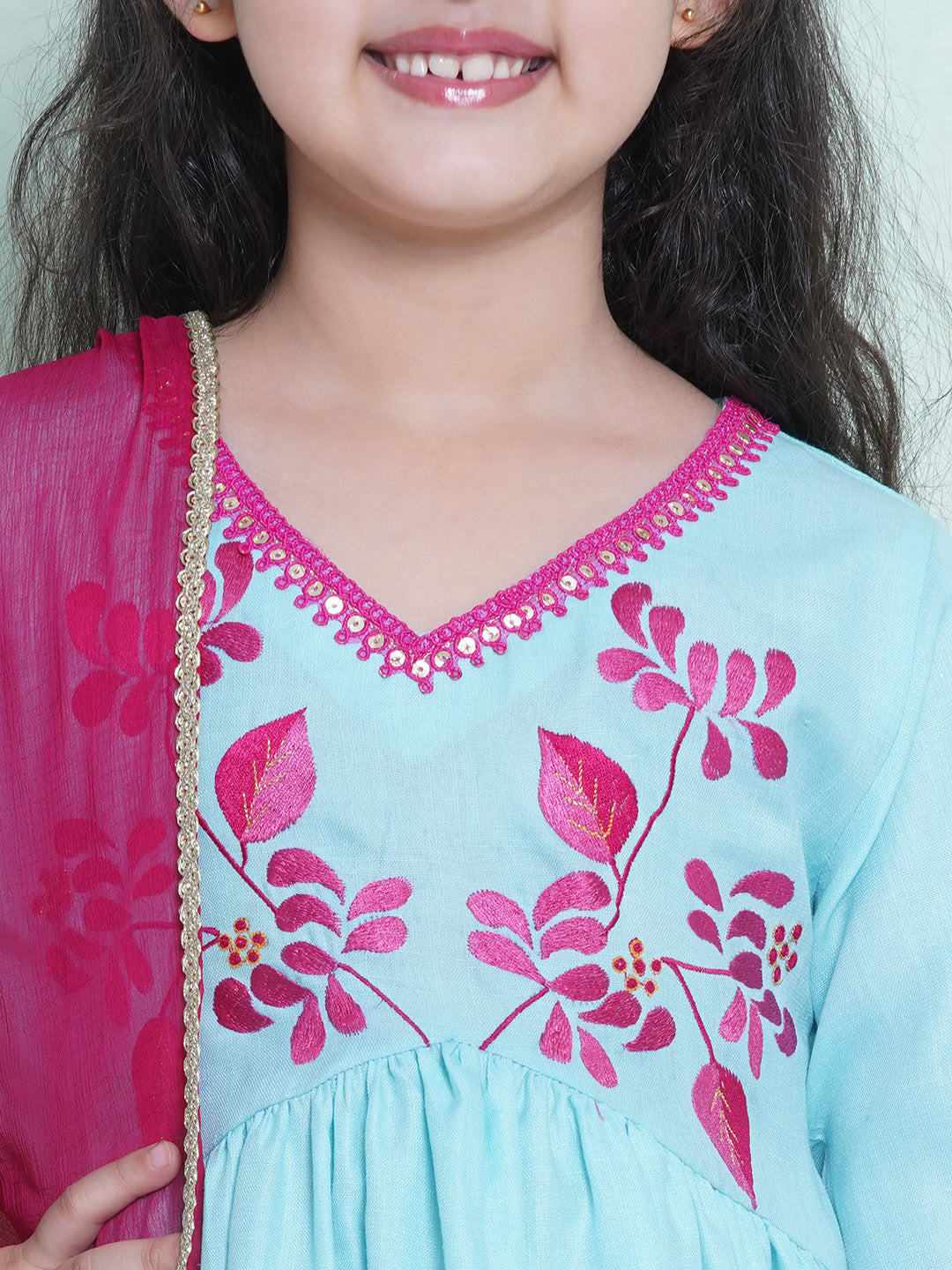 Bitiya by Bhama Girls Blue Embroidered Alia Design Kurta With Trousers With dupatta