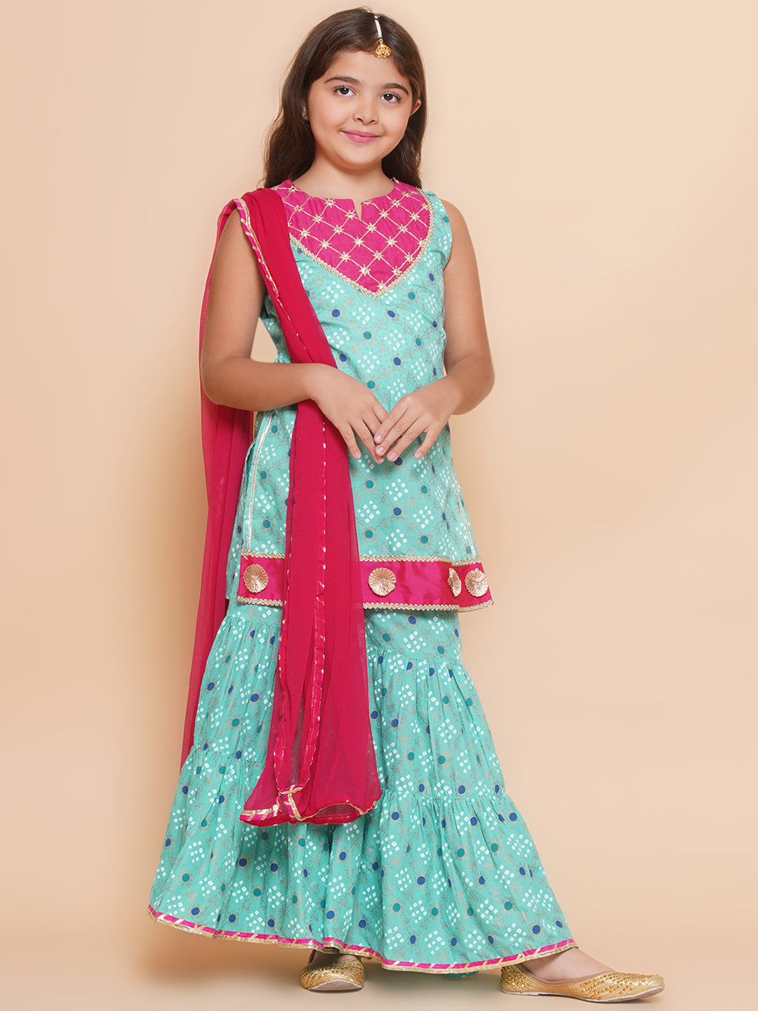 Bitiya by Bhama Girls Sea Green Gold Printed Kurta & Sharara With Dupatta