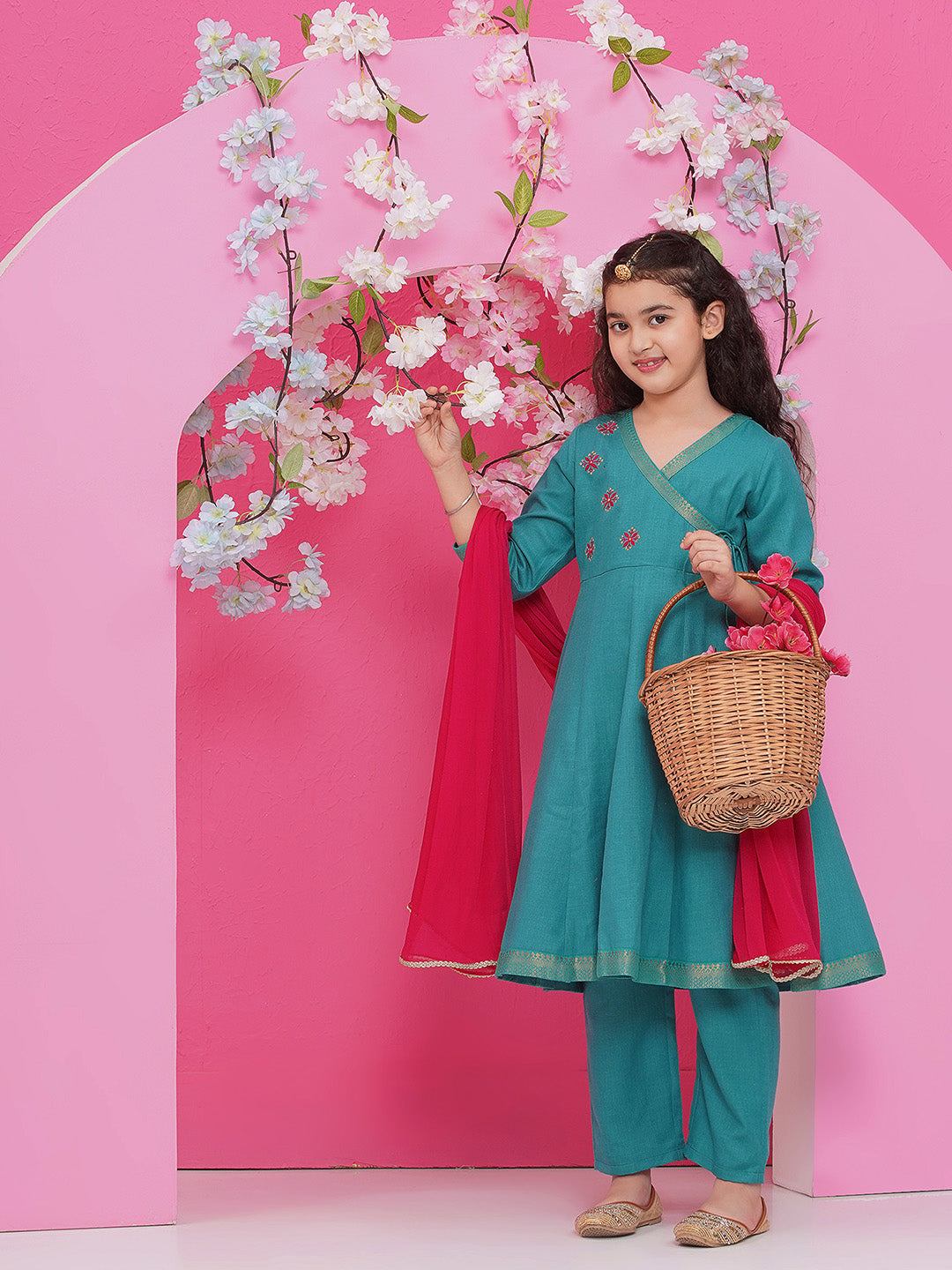 Bitiya by Bhama Girls Green Embroidered Angrakha Kurta with Trousers with dupatta