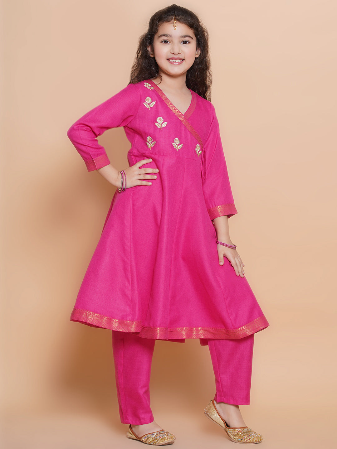 Bitiya by Bhama Girls Pink Embroidered Angrakha Kurta with Trousers