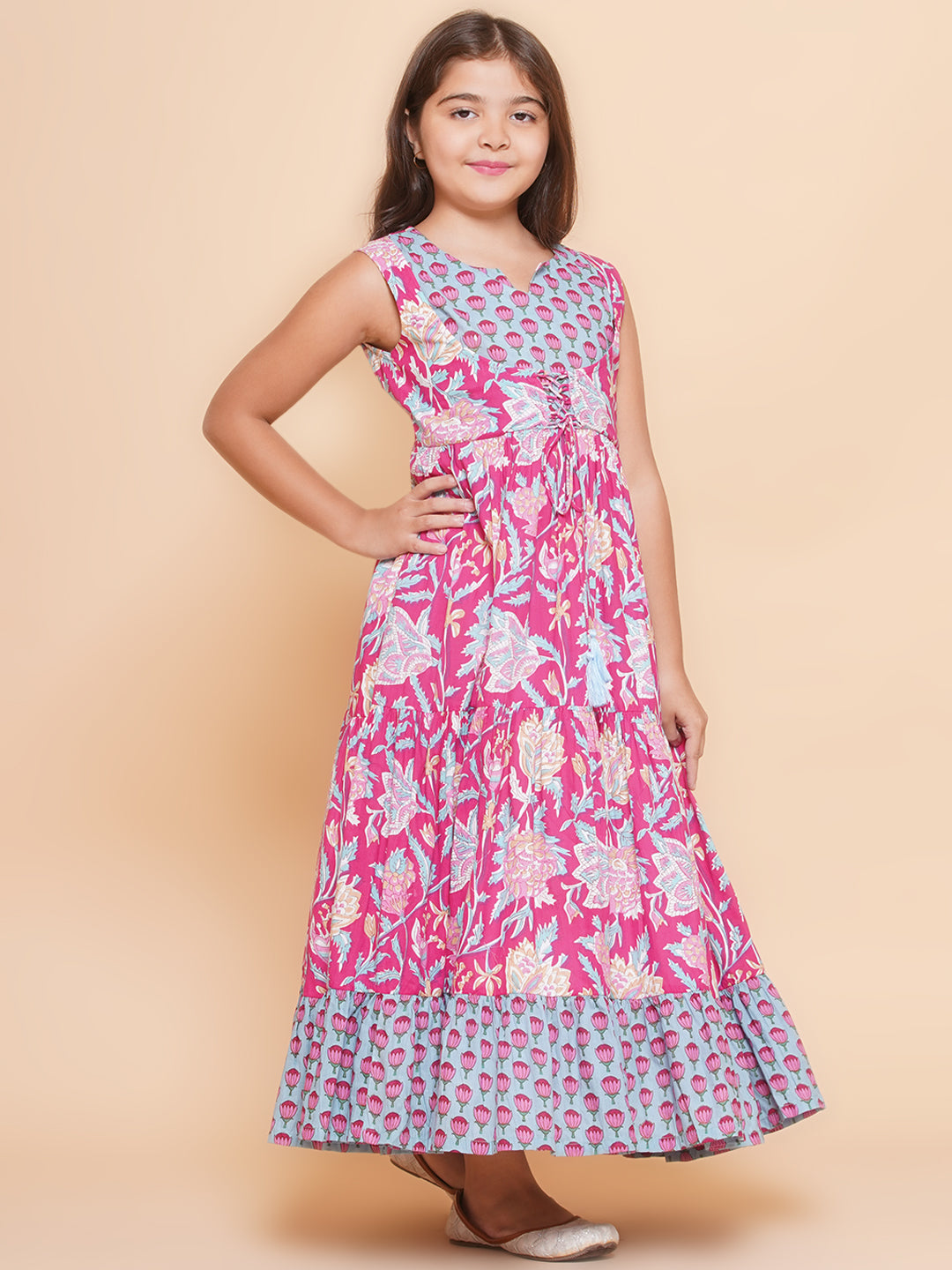 Bitiya by Bhama Girls Peach Floral Printed Shrug & Blouse With Ready to Wear Lehenga.