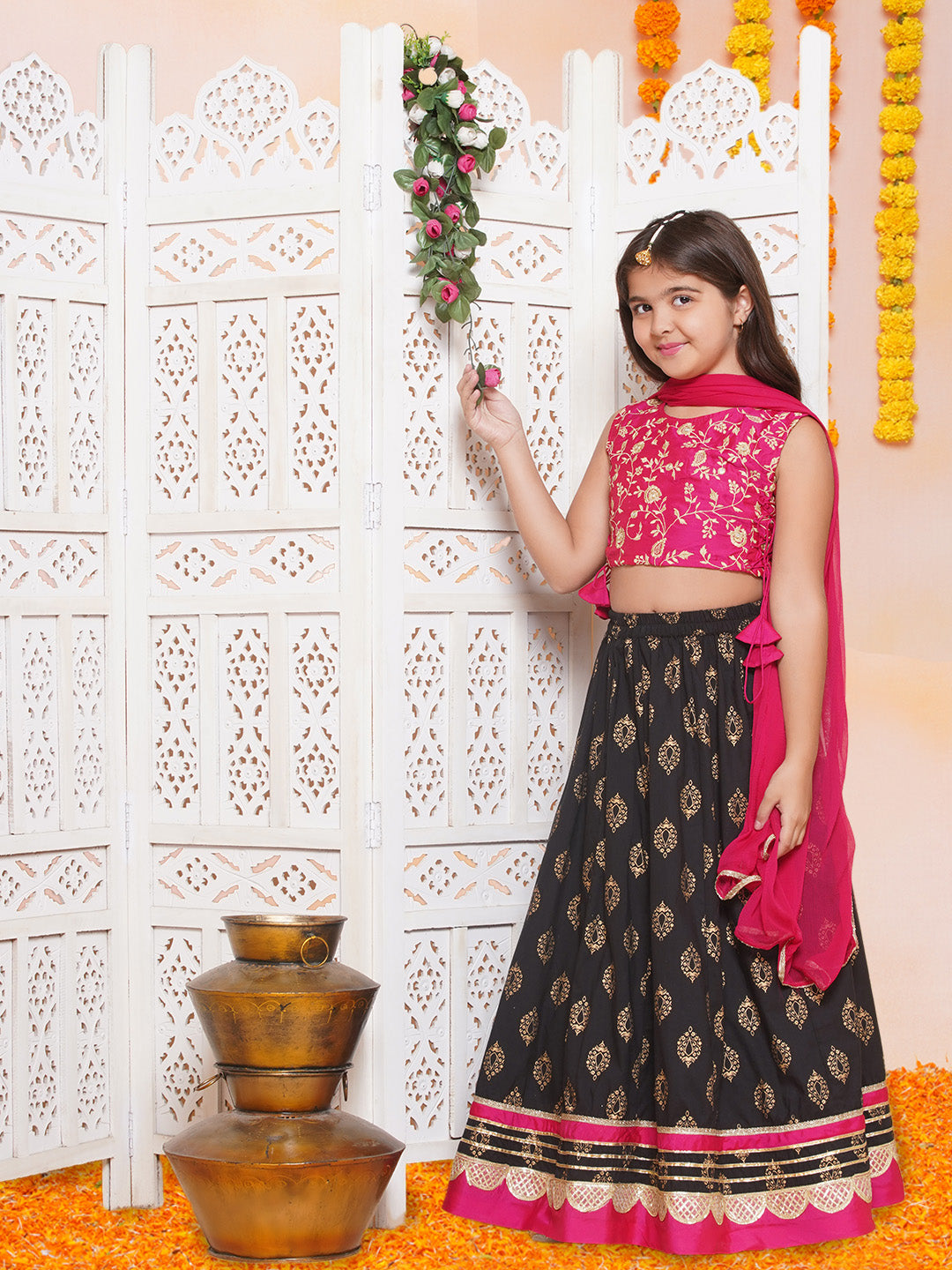 Bitiya by Bhama Girls Pink Embroidered Choli & Black Golden print Ready to Wear Lehenga With Dupatta