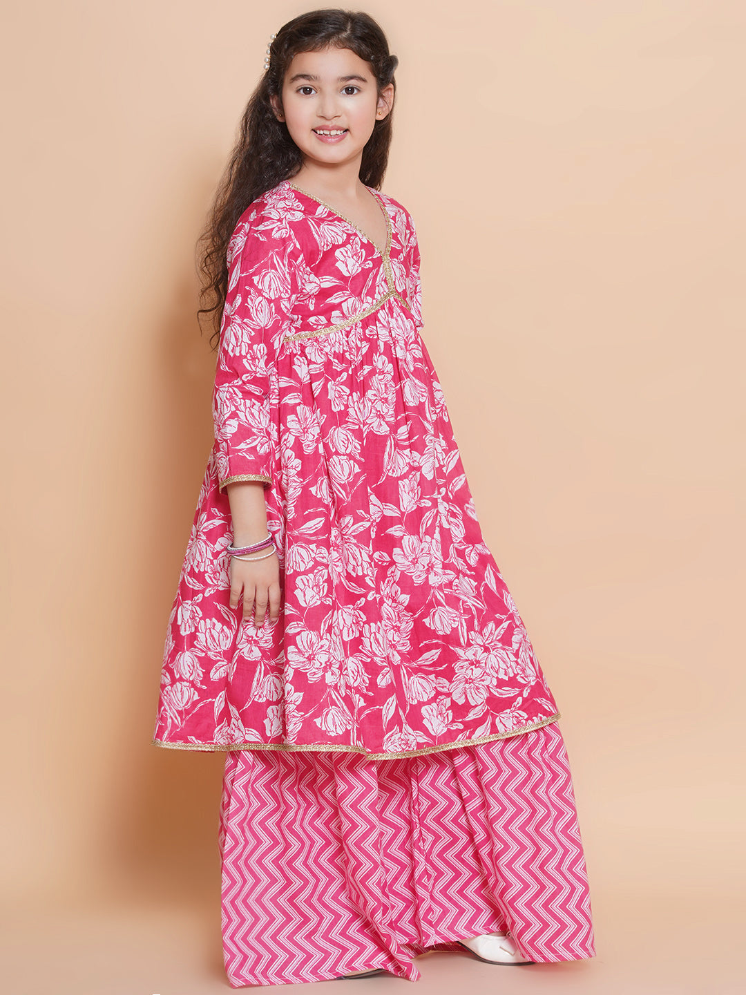Girls Floral Printed Empire Gotta Patti Pure Cotton Kurta with Sharara