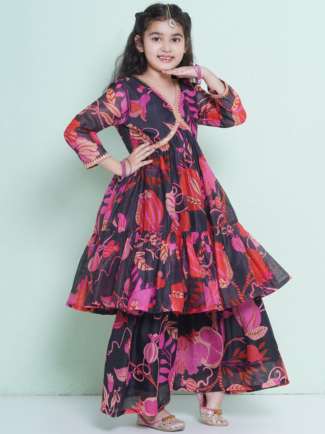 Girls Floral Printed Empire Gotta Patti Kurta with Sharara