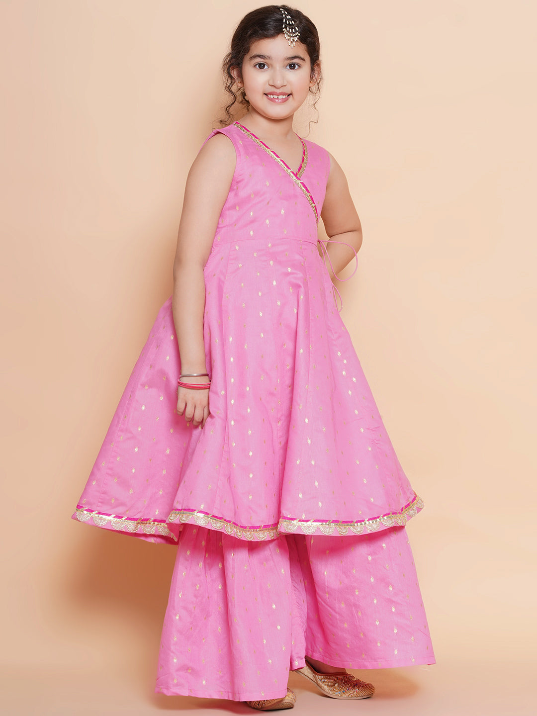Bitiya by Bhama Girls Pink Ethnic motifs woven design Kurta With Sharara dupatta