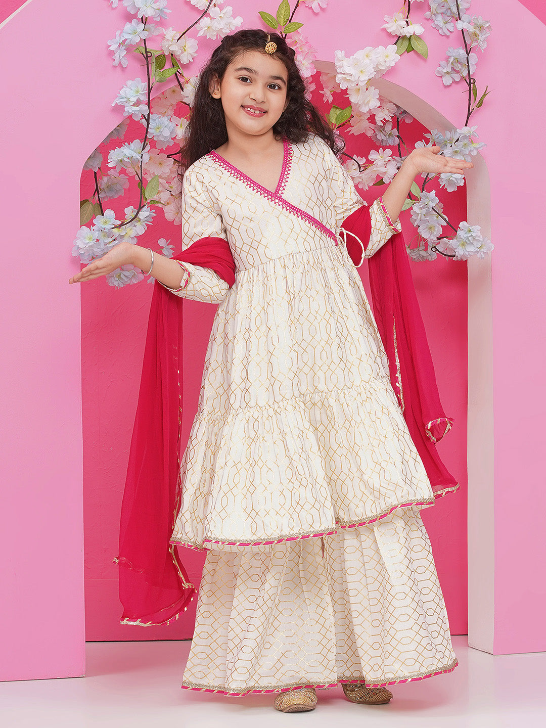 Bitiya by Bhama Girls Off white Foil Printed Angrakha Kurta with Sharara with dupatta