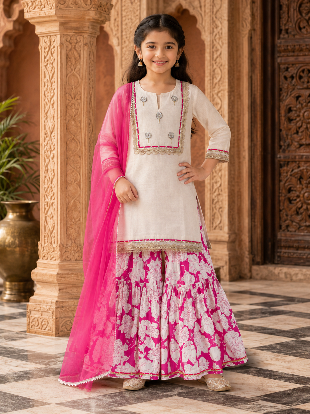 Bitiya By Bhama Girls Off White Kurta With Pink Floral Printed Sharara & Dupatta