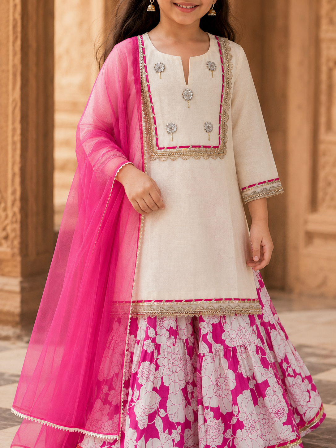 Bitiya By Bhama Girls Off White Kurta With Pink Floral Printed Sharara & Dupatta