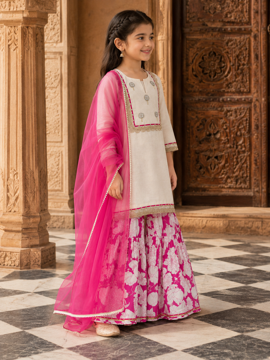 Bitiya By Bhama Girls Off White Kurta With Pink Floral Printed Sharara & Dupatta