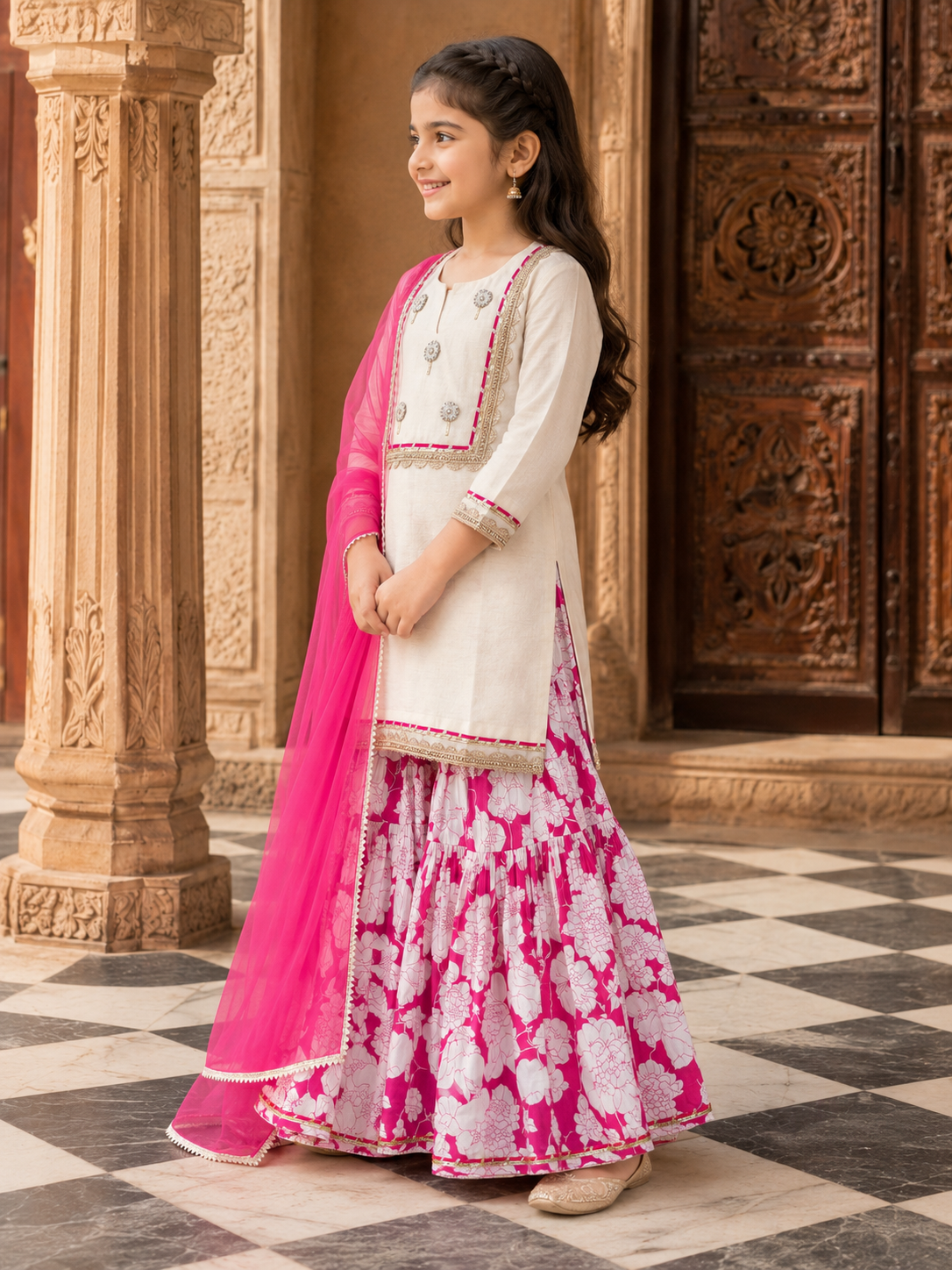Bitiya By Bhama Girls Off White Kurta With Pink Floral Printed Sharara & Dupatta