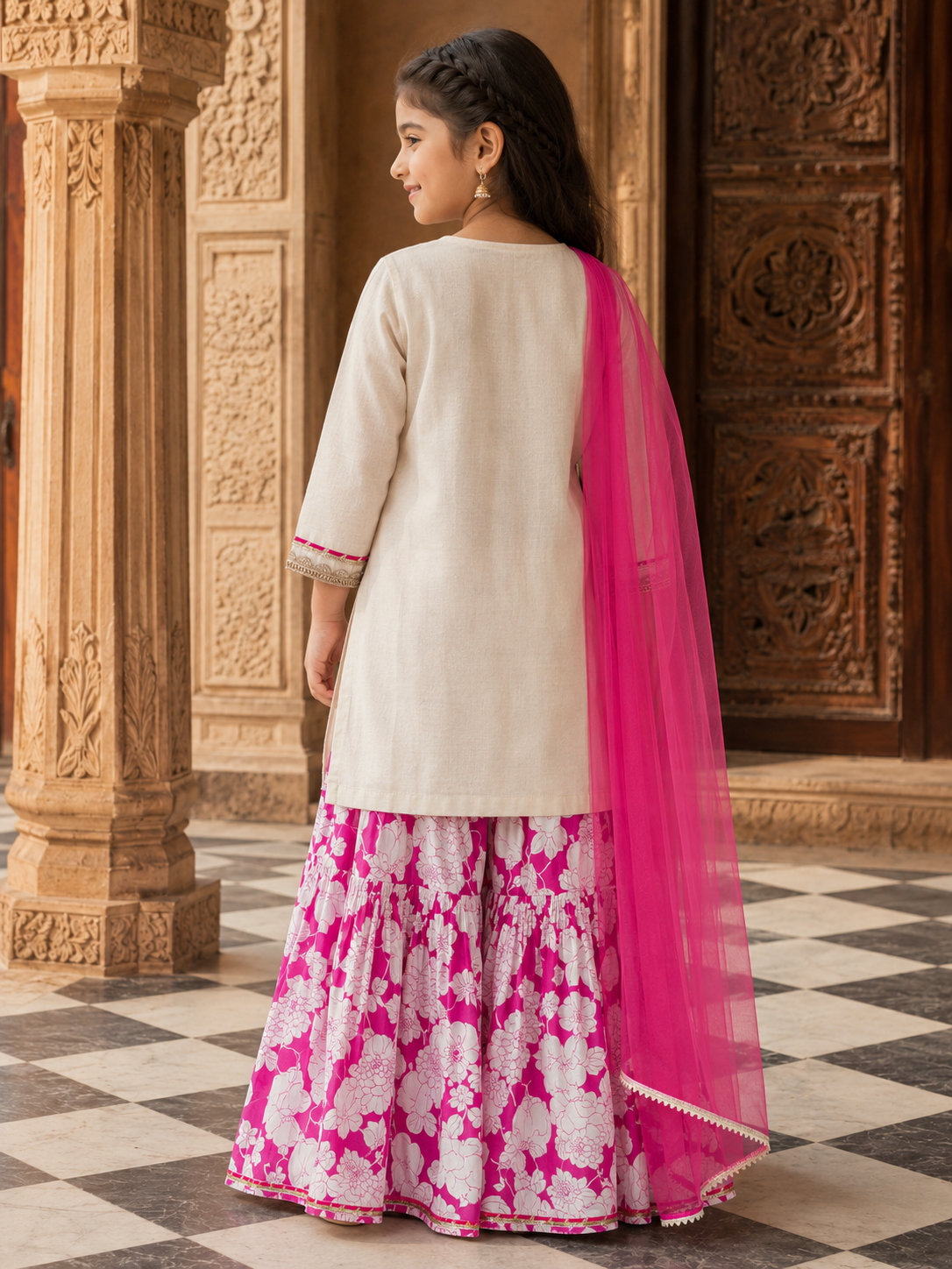 Bitiya By Bhama Girls Off White Kurta With Pink Floral Printed Sharara & Dupatta