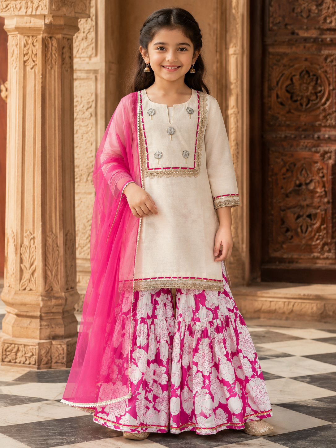 Bitiya By Bhama Girls Off White Kurta With Pink Floral Printed Sharara & Dupatta
