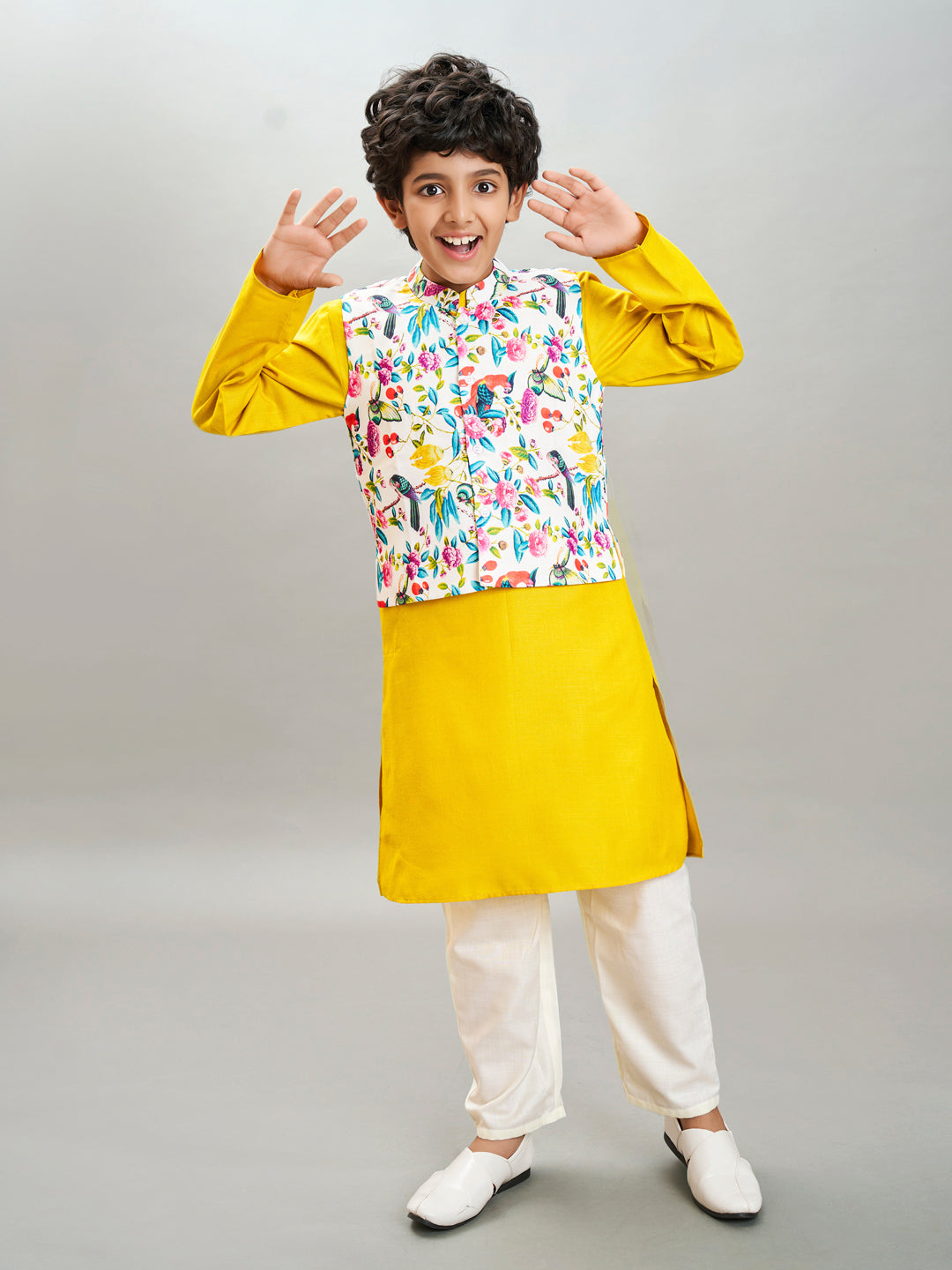 Bittu By Bhama Boys yellow kurta & off white pajama with a multi print jacket