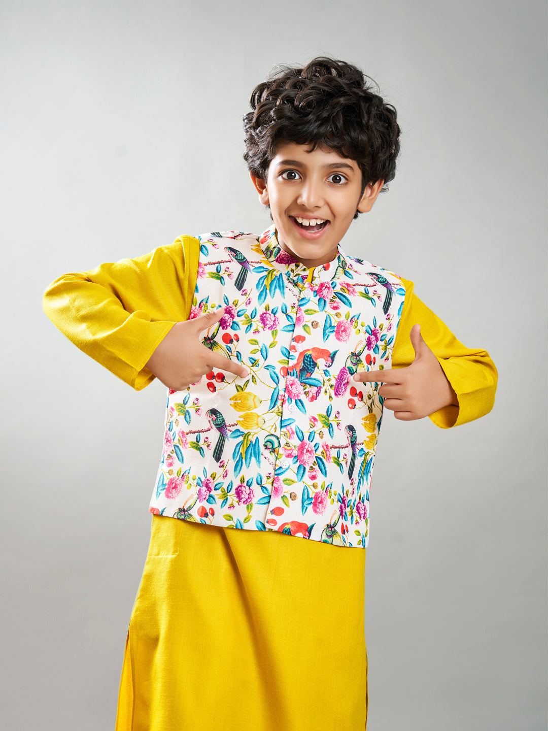 Bittu By Bhama Boys yellow kurta & off white pajama with a multi print jacket