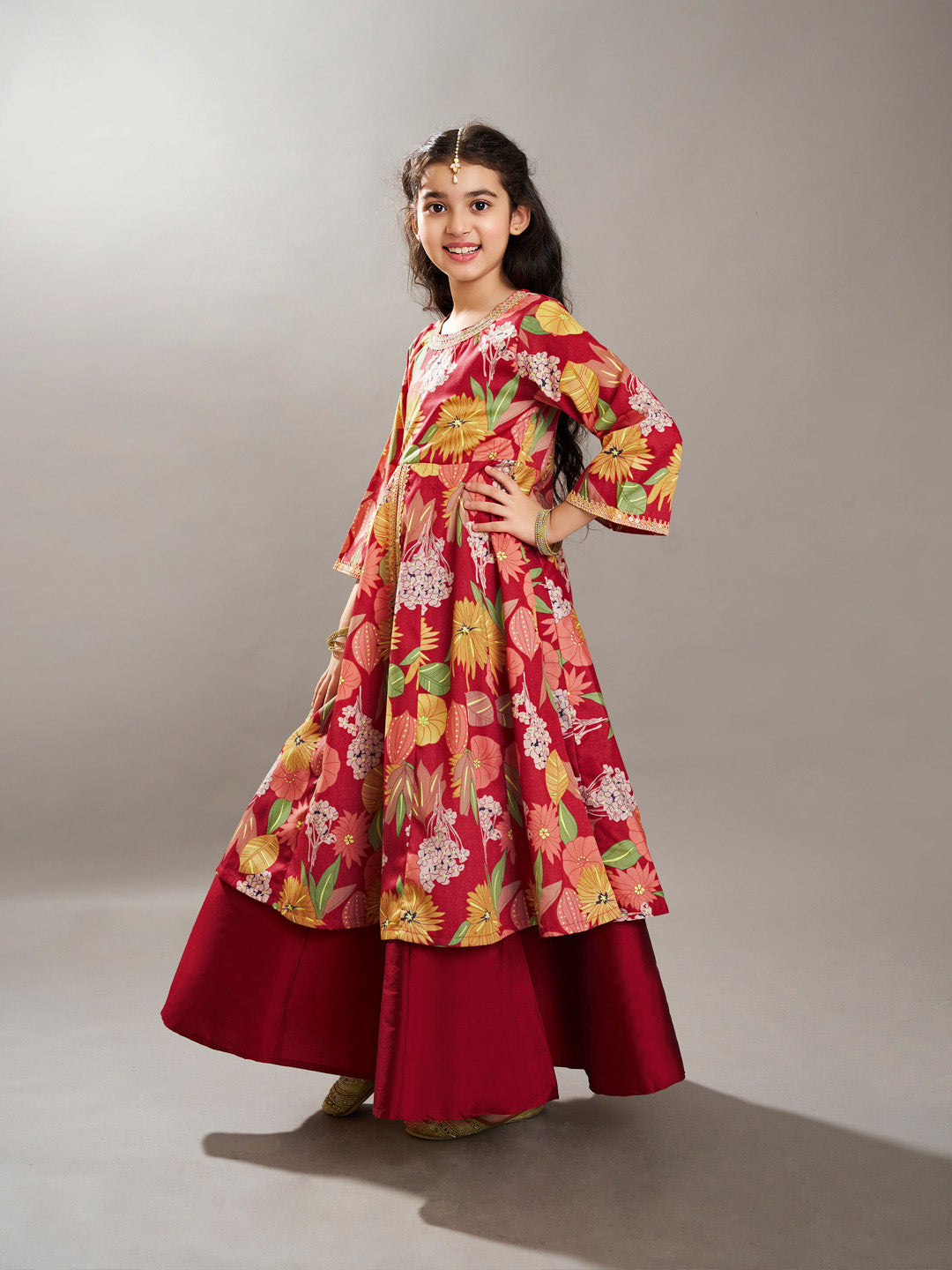 Bitiya by Bhama Girls Maroon & Multi Floral Print Lace Work Kurta with Skirt.