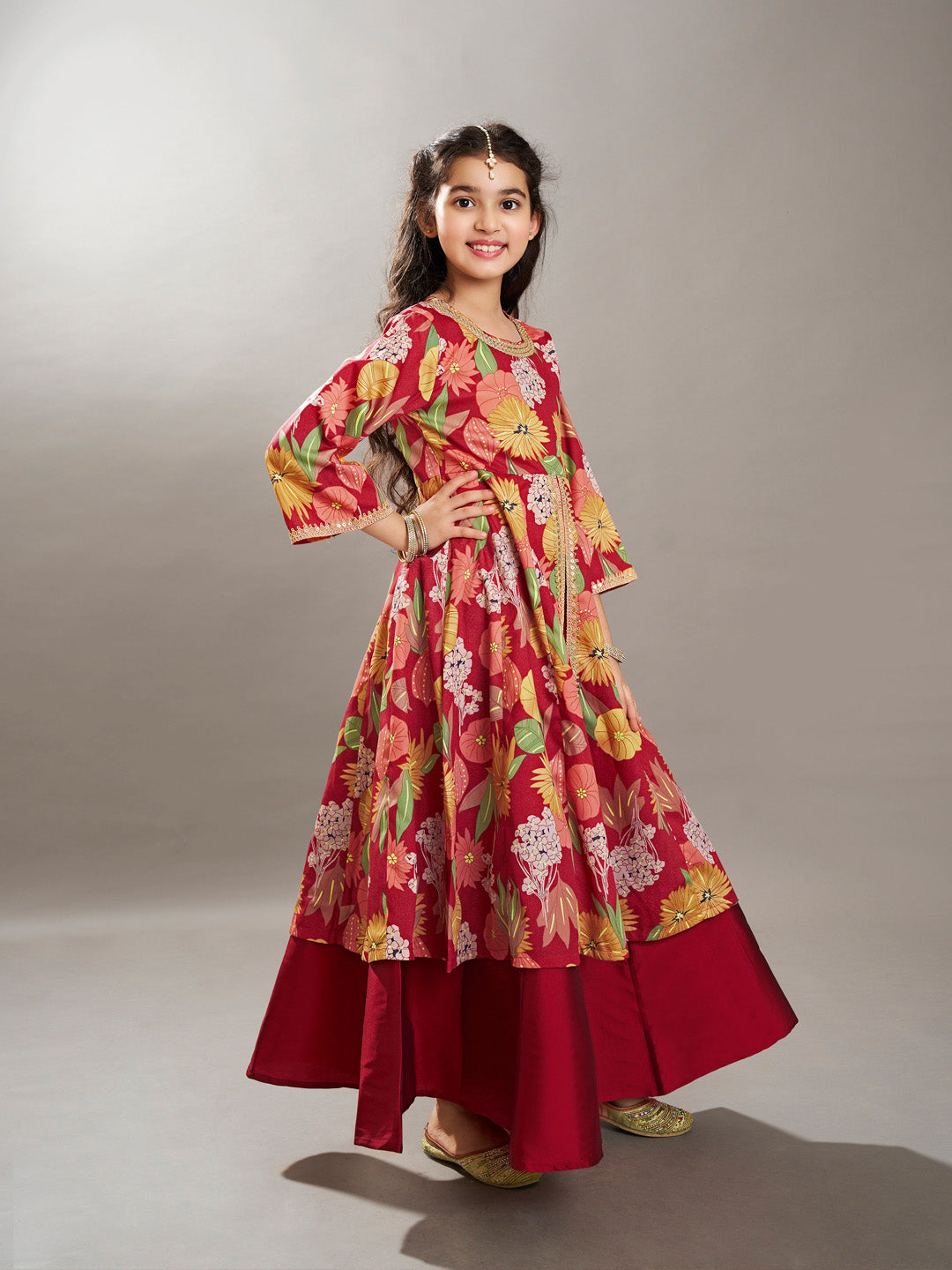Bitiya by Bhama Girls Maroon & Multi Floral Print Lace Work Kurta with Skirt.