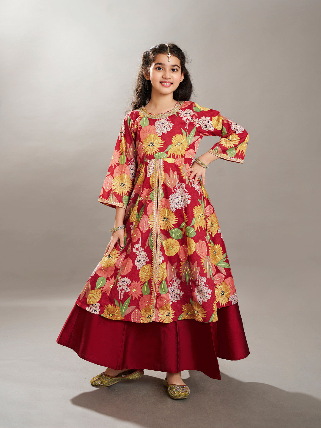Bitiya by Bhama Girls Maroon & Multi Floral Print Lace Work Kurta with Skirt.