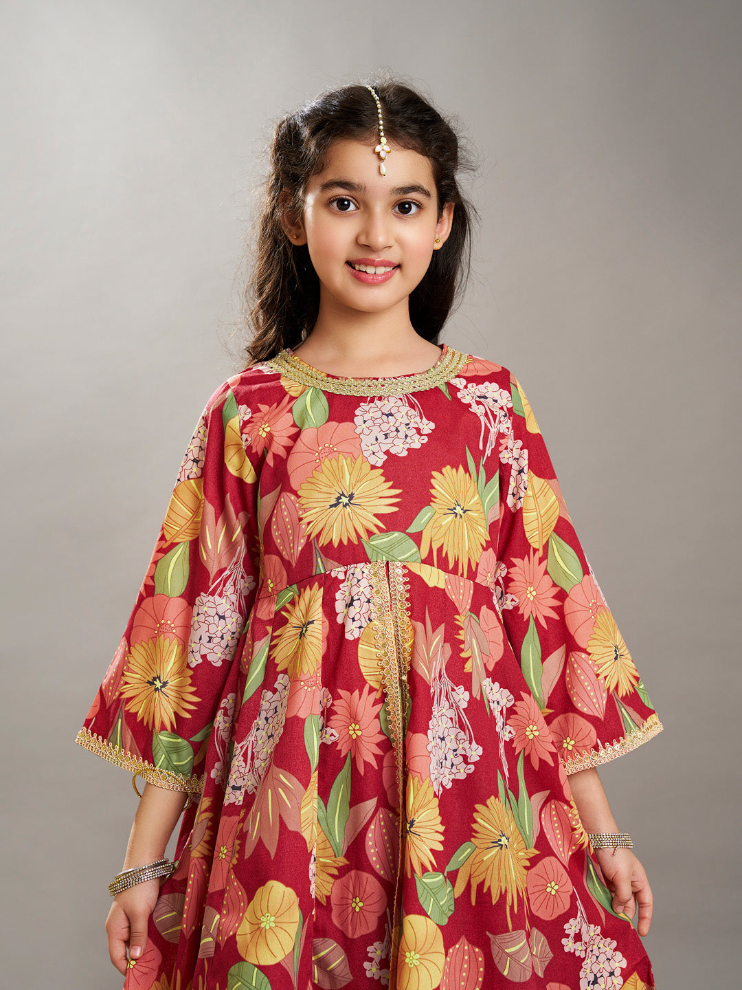 Bitiya by Bhama Girls Maroon & Multi Floral Print Lace Work Kurta with Skirt.