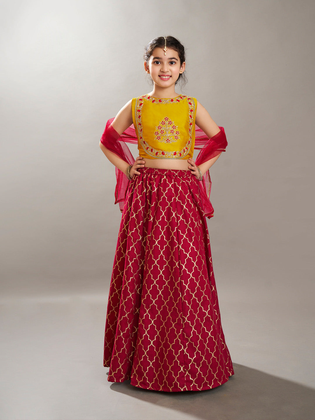 Bitiya by Bhama Girls Maroon & Yellow Foil Print with Embroidered yoke Choli, Lehenga with Dupatta