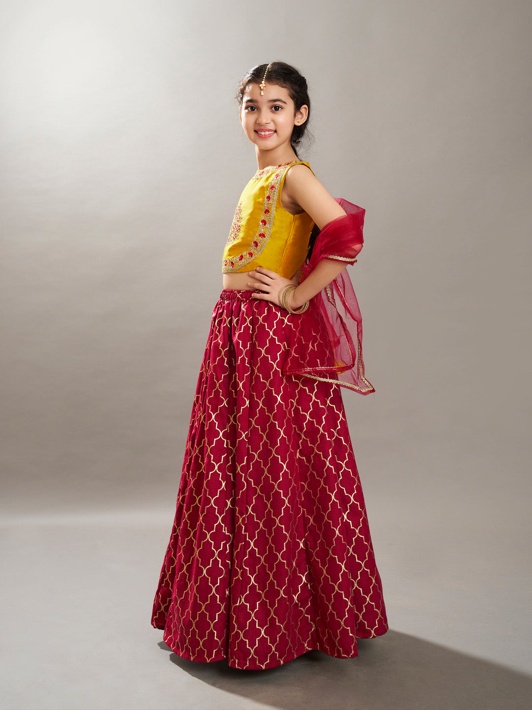 Bitiya by Bhama Girls Maroon & Yellow Foil Print with Embroidered yoke Choli, Lehenga with Dupatta