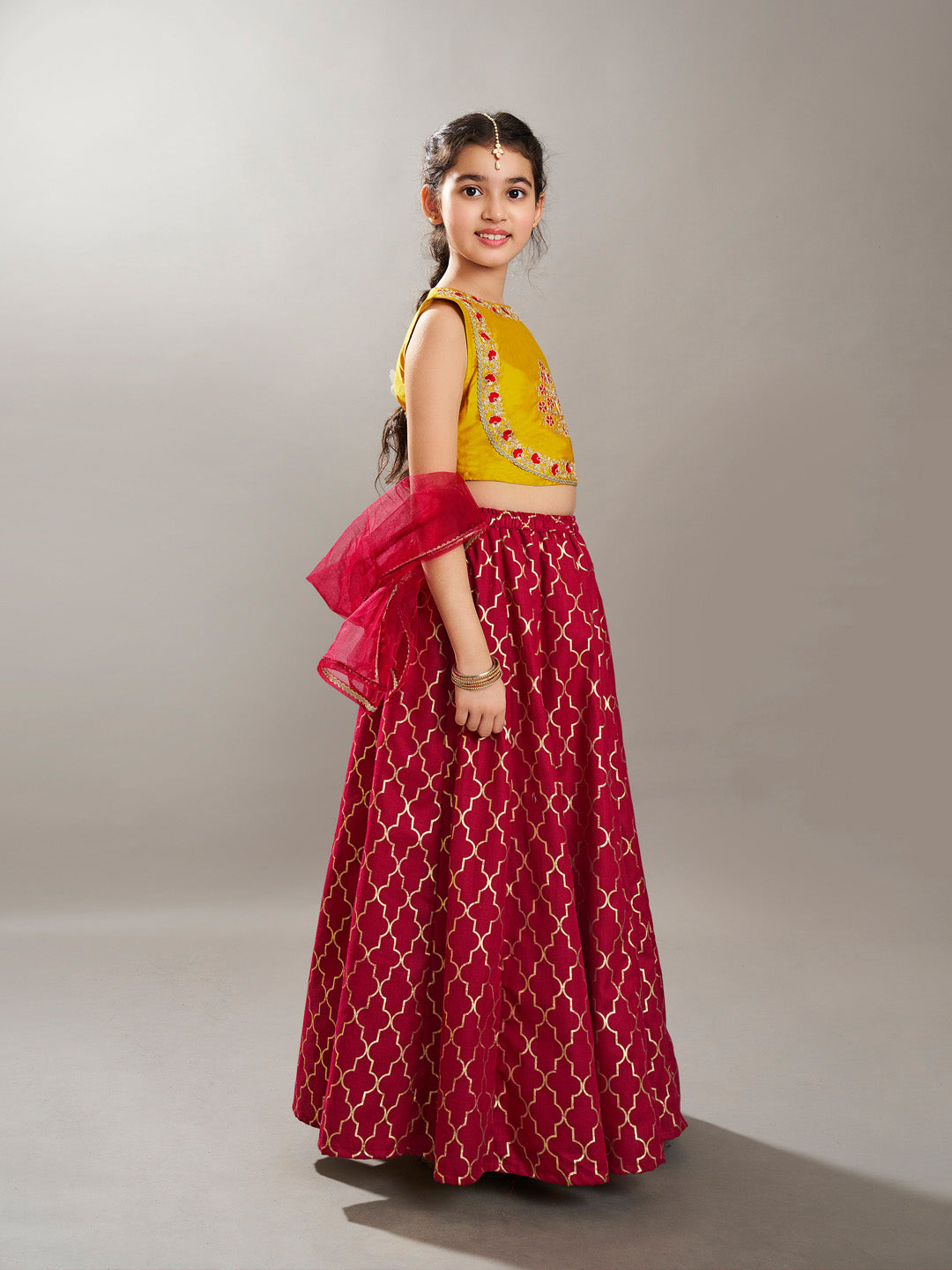 Bitiya by Bhama Girls Maroon & Yellow Foil Print with Embroidered yoke Choli, Lehenga with Dupatta