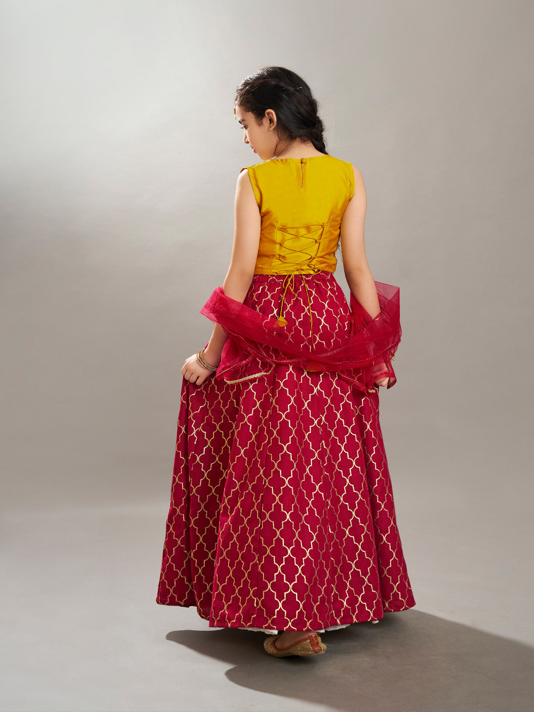 Bitiya by Bhama Girls Maroon & Yellow Foil Print with Embroidered yoke Choli, Lehenga with Dupatta