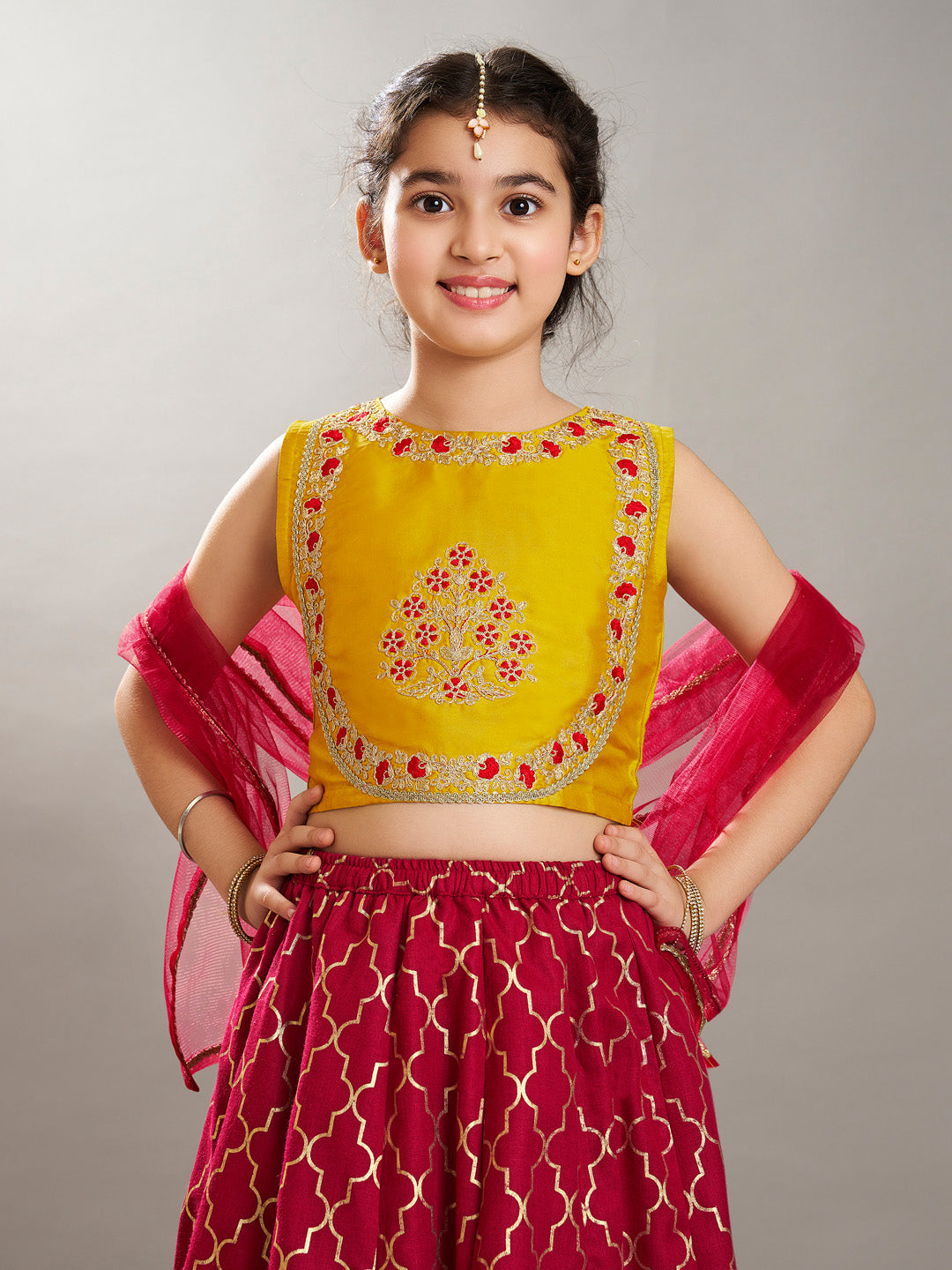 Bitiya by Bhama Girls Maroon & Yellow Foil Print with Embroidered yoke Choli, Lehenga with Dupatta