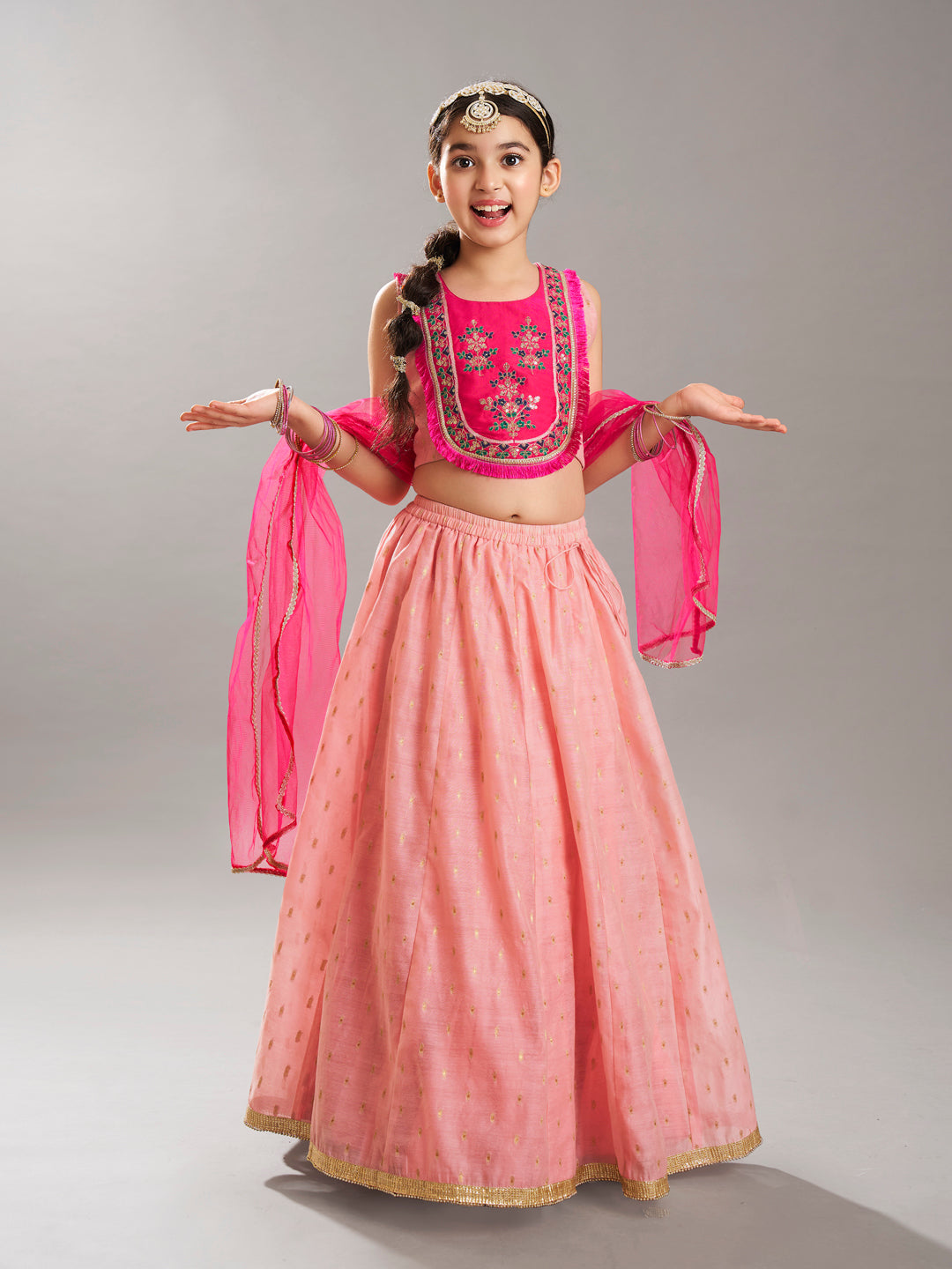 Bitiya by Bhama GirlsPink & Peach Woven Design  with Embroidered yoke Choli, Lehenga with Dupatta
