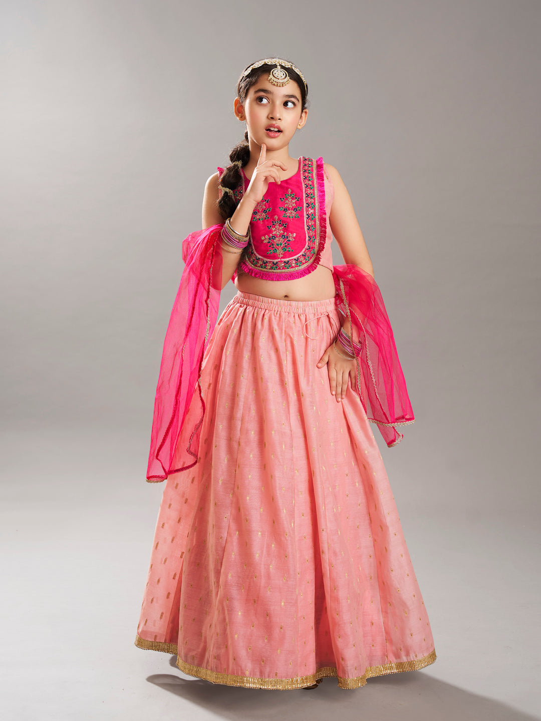 Bitiya by Bhama GirlsPink & Peach Woven Design  with Embroidered yoke Choli, Lehenga with Dupatta