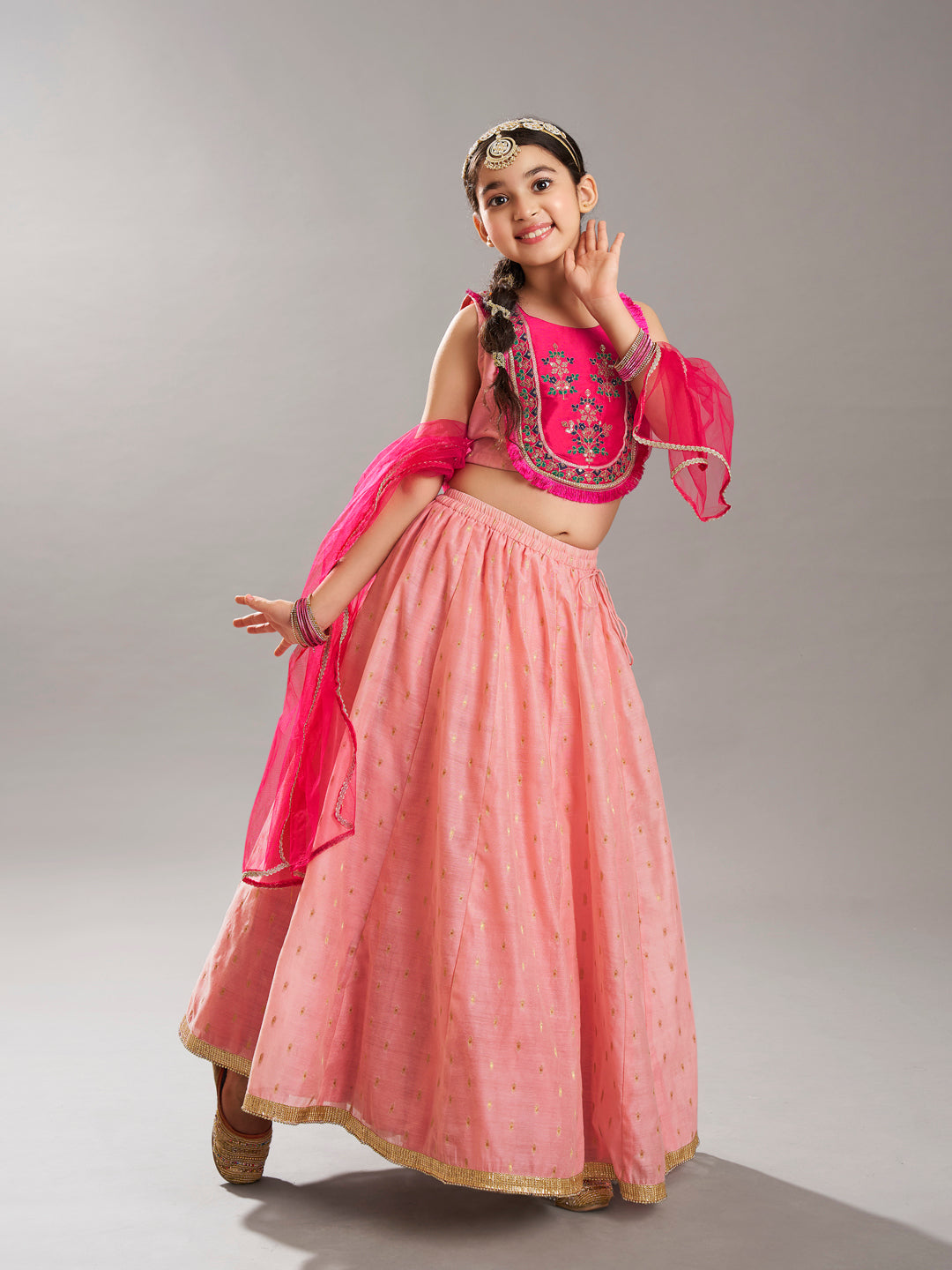 Bitiya by Bhama GirlsPink & Peach Woven Design  with Embroidered yoke Choli, Lehenga with Dupatta