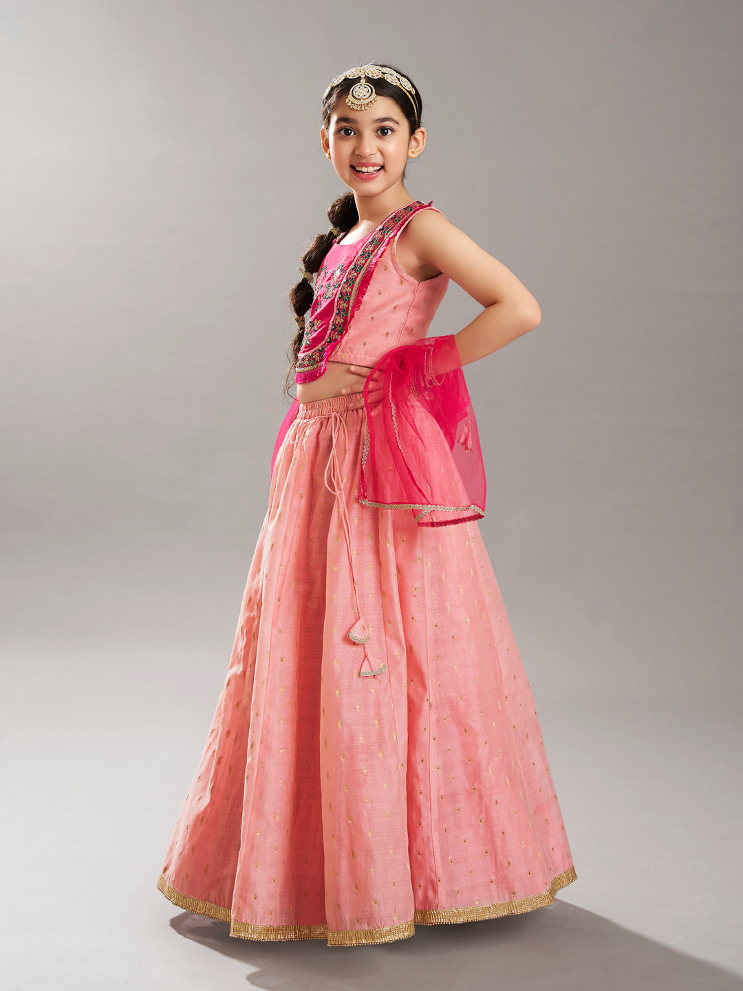 Bitiya by Bhama GirlsPink & Peach Woven Design  with Embroidered yoke Choli, Lehenga with Dupatta