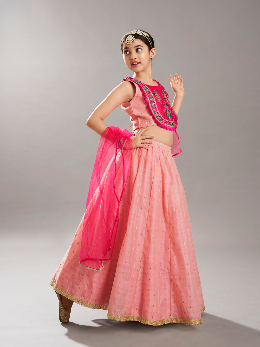 Bitiya by Bhama GirlsPink & Peach Woven Design  with Embroidered yoke Choli, Lehenga with Dupatta