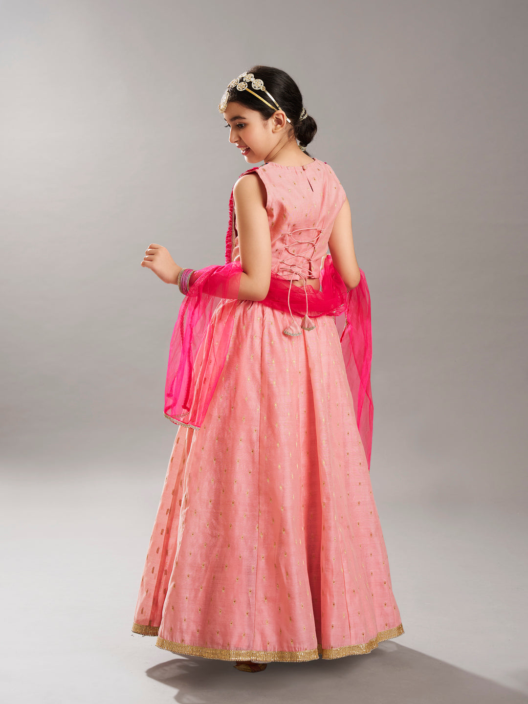 Bitiya by Bhama GirlsPink & Peach Woven Design  with Embroidered yoke Choli, Lehenga with Dupatta