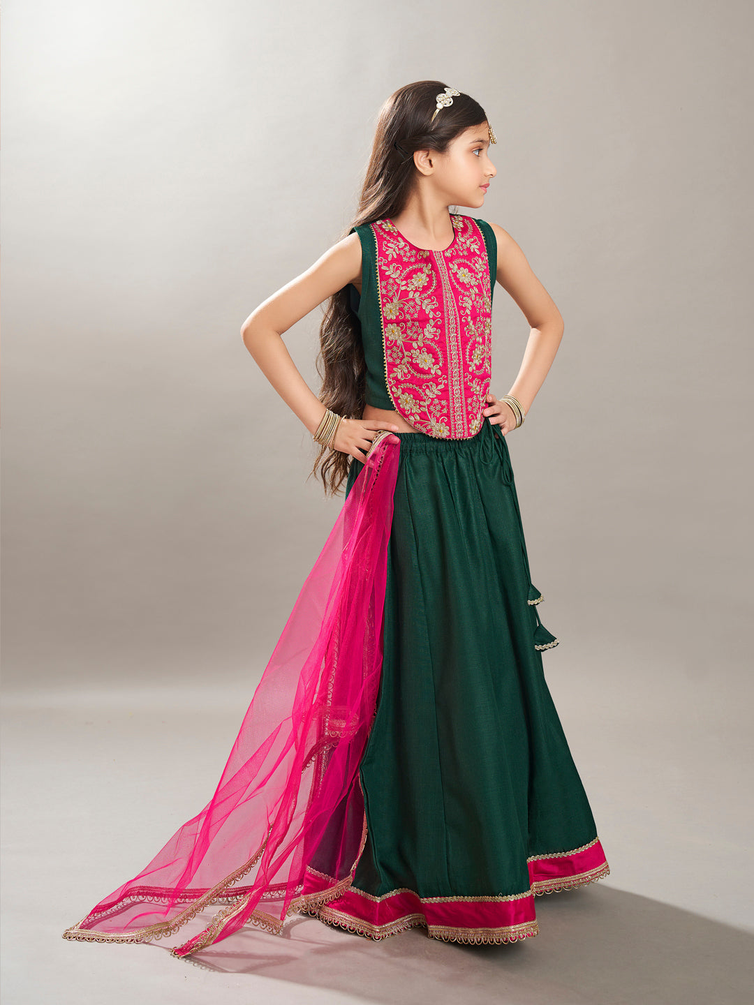 Bitiya by Bhama Boho Design Girls Pink Embroidered Choli Green Ready to Wear Lehenga With Dupatta